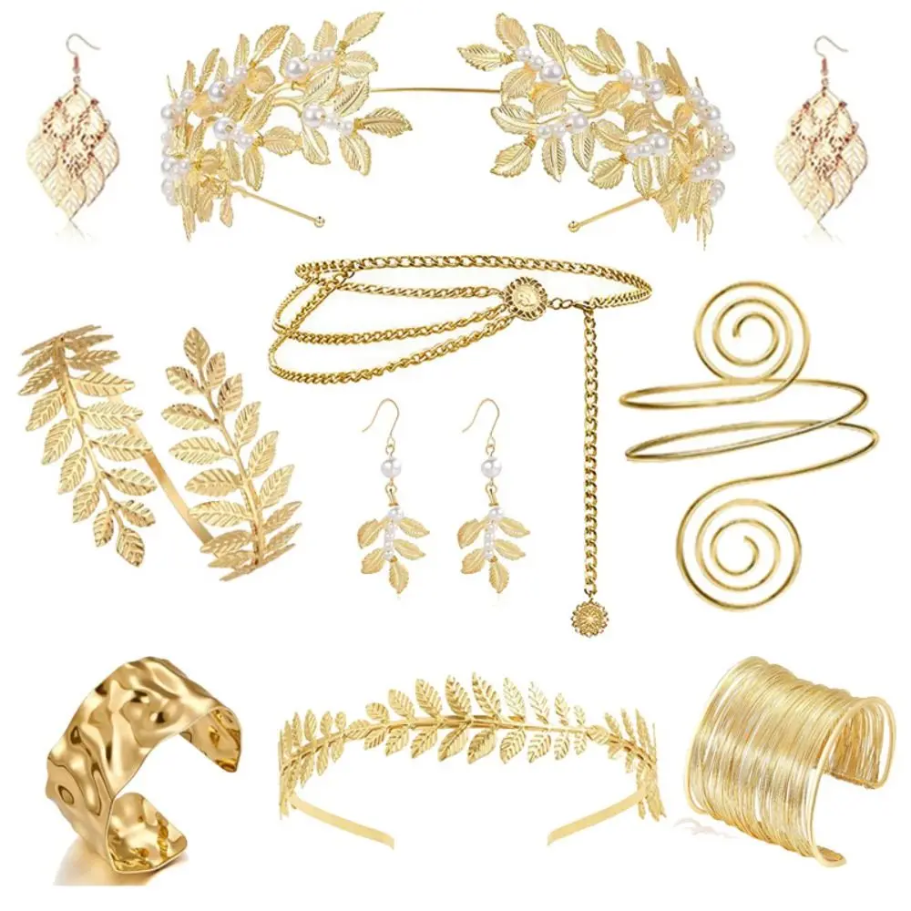 

Baroque Women's Wedding Jewelry Set Bridal Earrings Leaf Design Greek Goddess Hair Jewelry Bracelet Upper Arm Cuffs