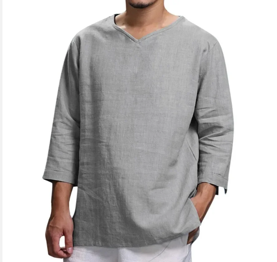 2024 Europe and The United States Men's New Cotton and Linen Long Sleeve T Male V-neck Loose Leisure Holiday Shirt