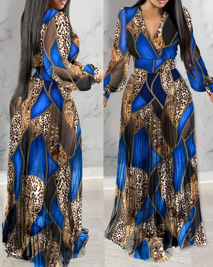 Maxi ชุดผู้หญิง Streetwear แฟชั่นอเนกประสงค์เสือดาวพิมพ์โคมไฟแขนกระโปรง SHEER V คอ SHEER ตาข่ายชุดราตรี