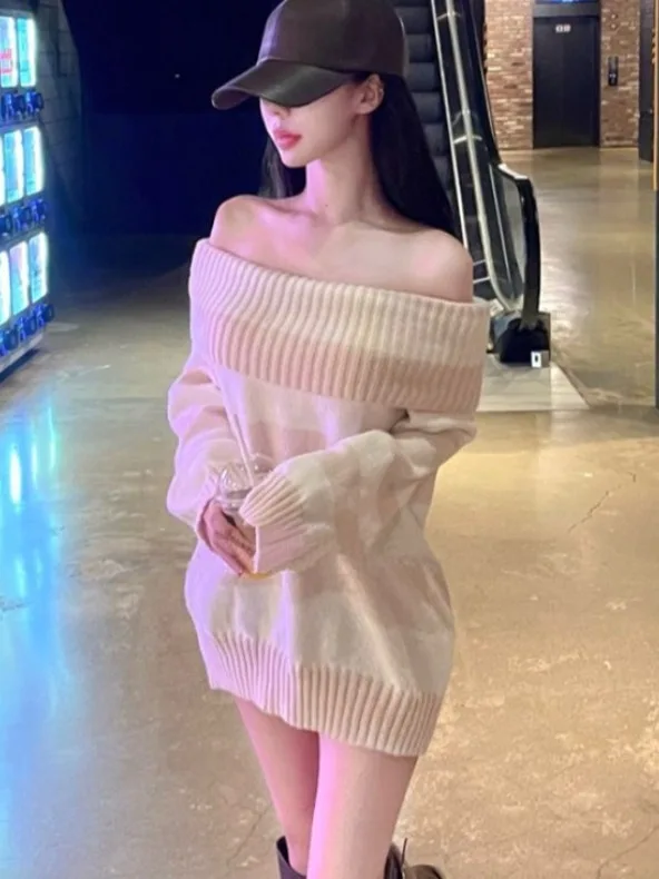 

Sexy oulder Bared Mid-Length Knitted Sweater Women's Loose Fit Comfortable Spring Autumn Casual Soft Top Faion Design