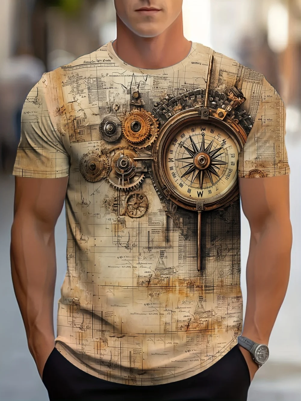 Men's 3D Digital Print Compass T-Shirt Casual Fashion Summer Short Sleeve Tee Soft and Skin-Friendly Streetwear Men's Clothing