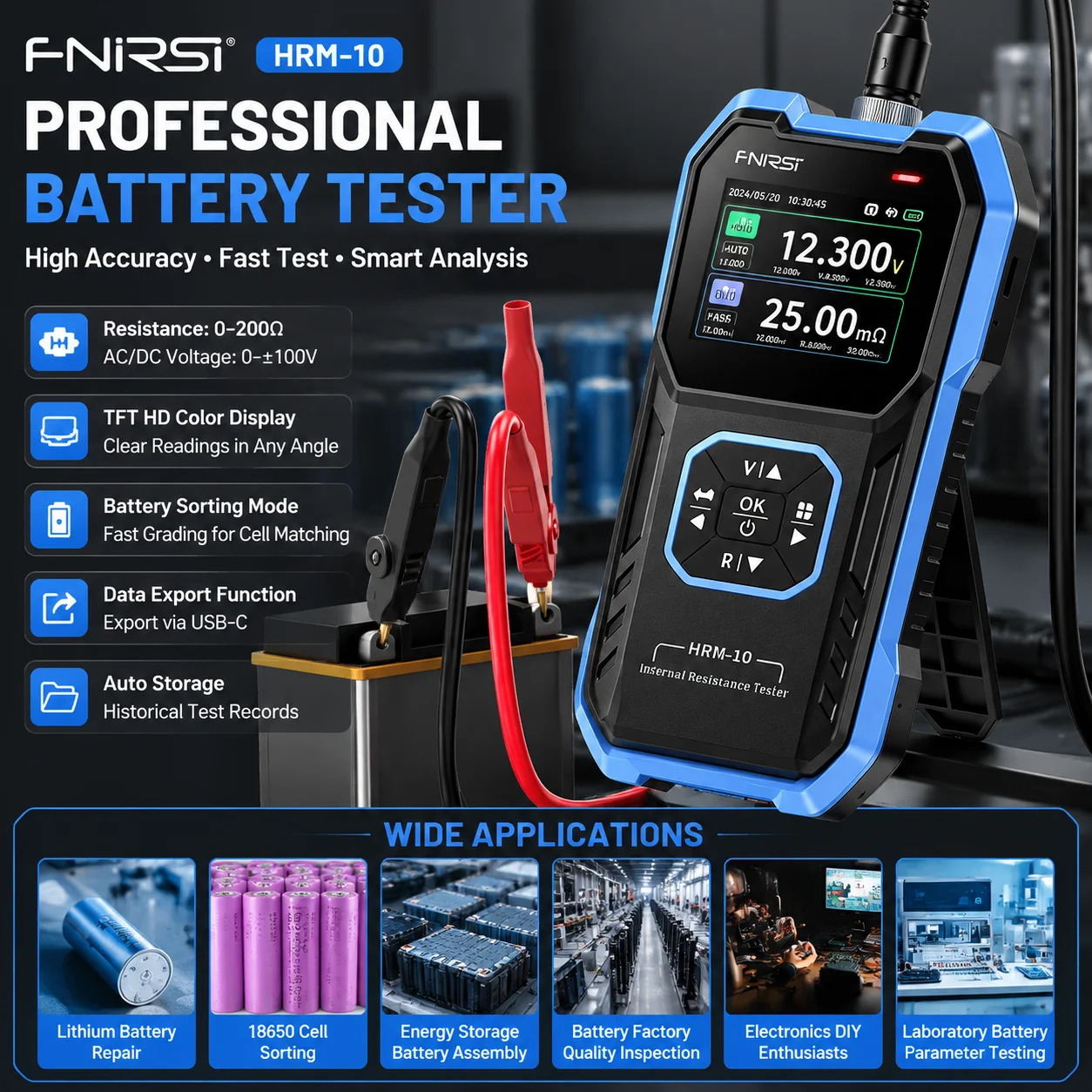FNIRSI HRM-10 High Precision Battery Internal Resistance Tester 1kHz True 4-Wire 0-200Ω 0-100V 18650 Battery Voltage Meter