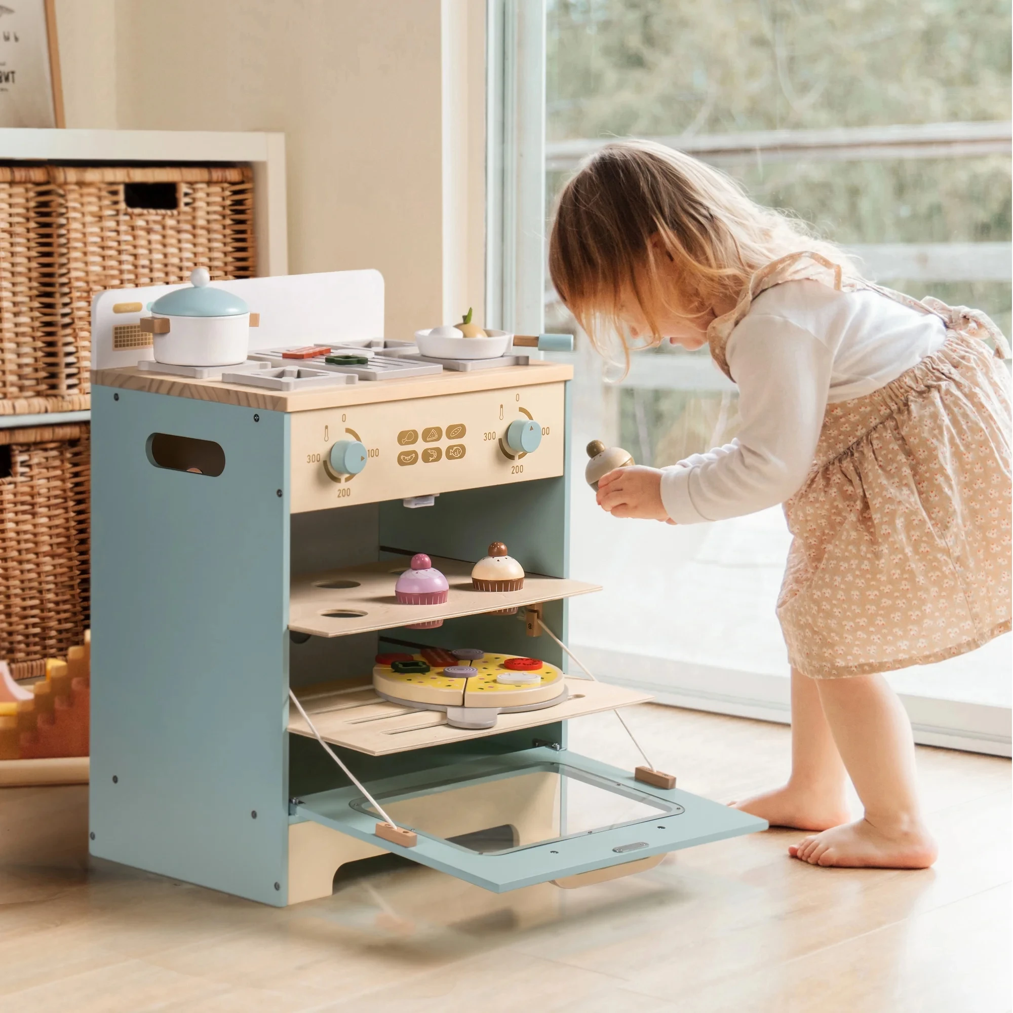 Robud-Ensemble de jeu de cuisine en bois pour enfants, jouet de four, accessoires avec pizza et gâteaux Chi, jouets alimentaires pour enfants de 3 ans et plus, bleu