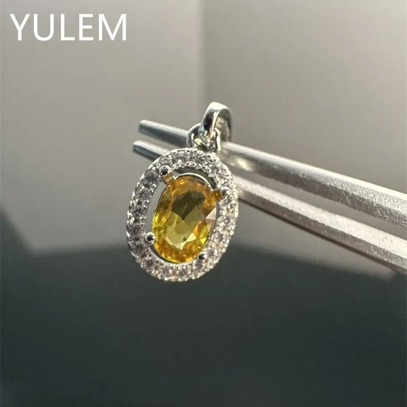 YULEM  4x6mm Silver 925 Pendant with Natural Yellow Sapphire Oval Cut Fine Natural Yellow Gem