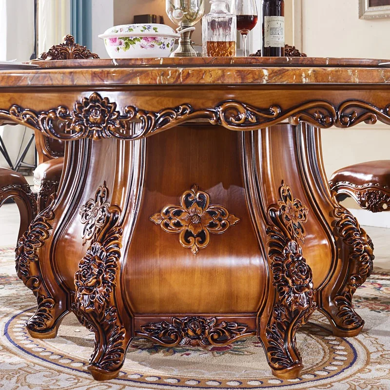 European round American solid wood carved marble dining  villa electric carousel hot pot table large round