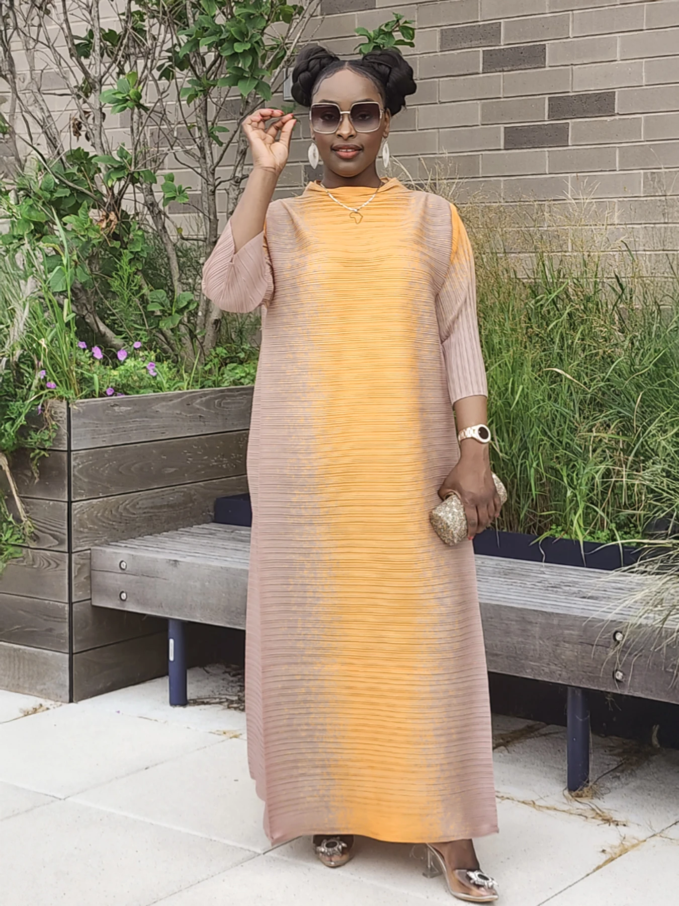 

Plus Size Clothing Evening Gala Dresses For Women Luxury Elegant Gowns Miyake Pleated Gradient Print Dress Long Sleeve Female