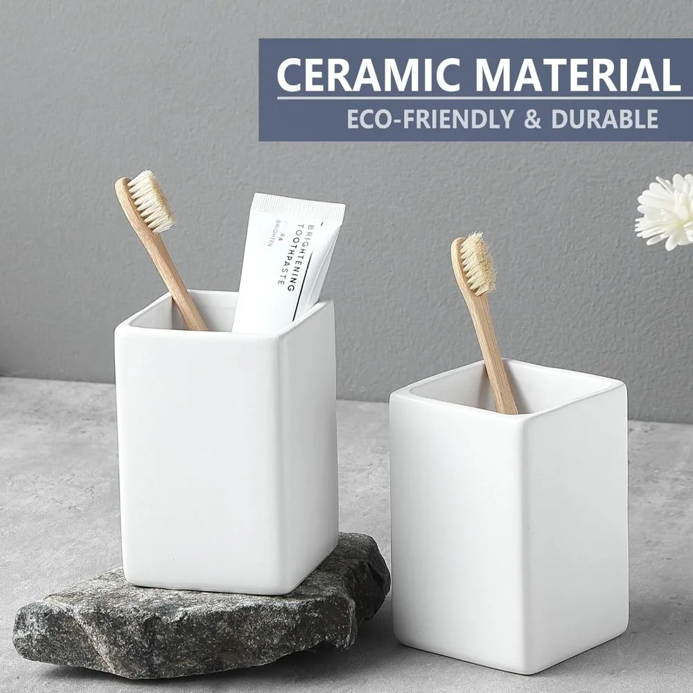 Portaspazzolino per bagni - Set porta dentifricio quadrato in ceramica da 2 tazze, bicchieri da bagno quadrati bianchi