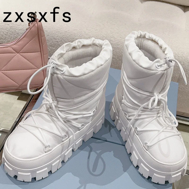 Winter Platform Flat Ankle Boots For Women Lace Up Warm Down Casual Shoes Woman Snow Boots Thick Sole Round Toe Brand Short Boot