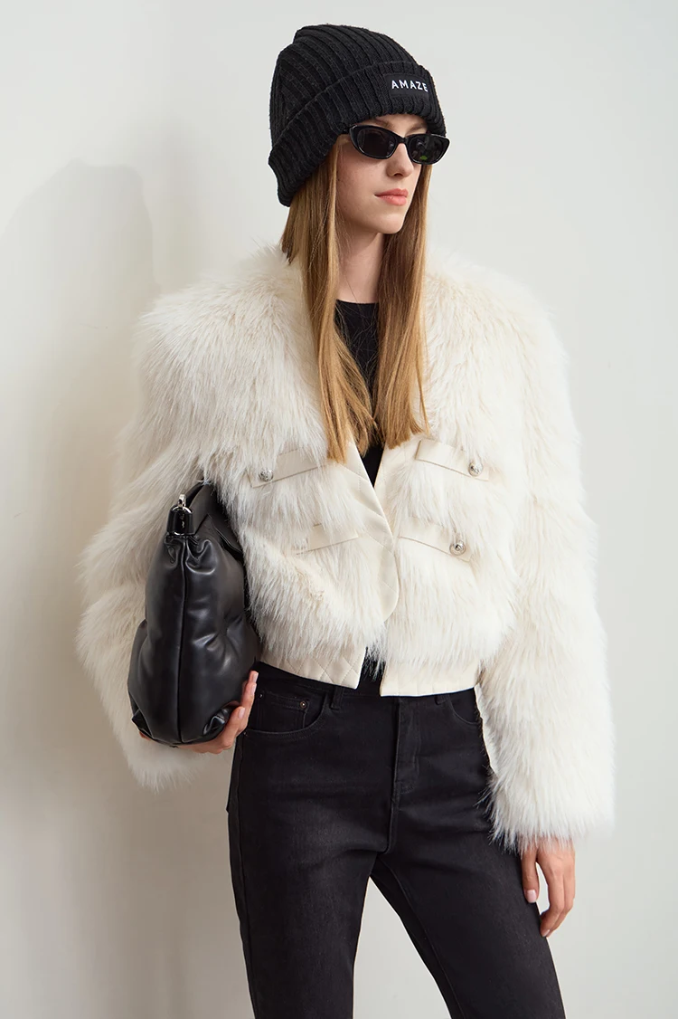 AMII 2026 Winter New Fur Jacket Solid Color Modern Warm Outerwear V-neck Imitation Fur Loose Spliced PU Top Female 12424012