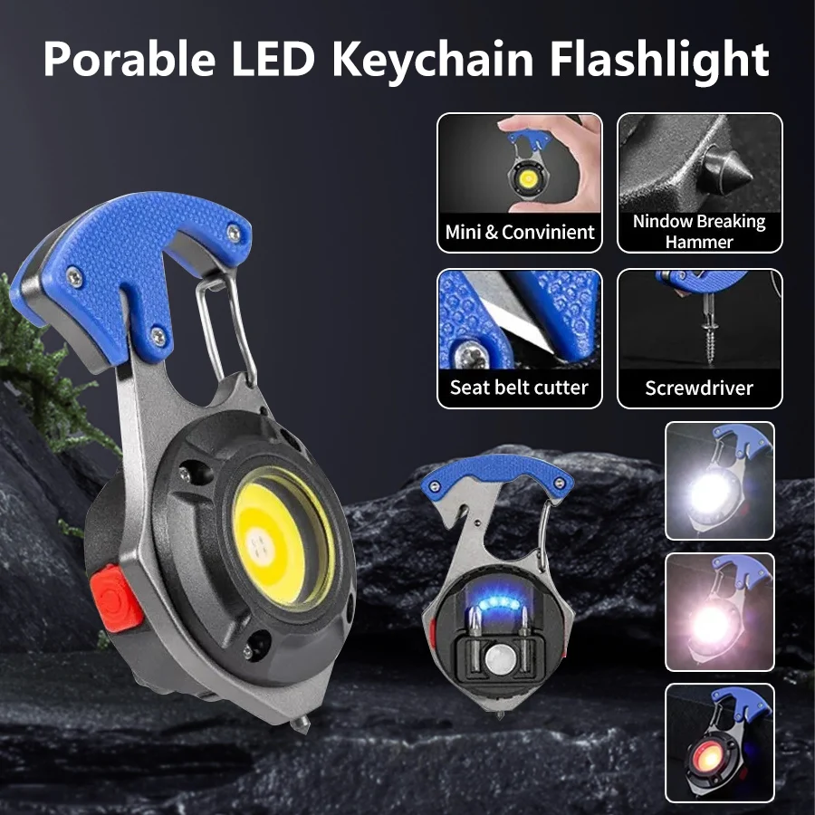 Mini COB Portable Keychain Flashlight 7 Lighting Modes Emergency Lamp with Screwdriver Window Breaking Hammer Seat Belt Cutter