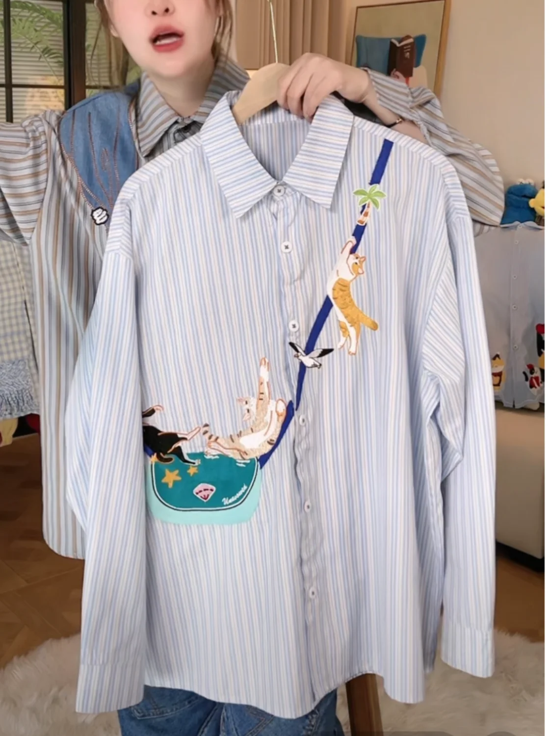 Vintage chat broderie coupe ample Blouse femmes printemps été décontracté à manches longues chemise personnalisée frais rayé Art petit haut