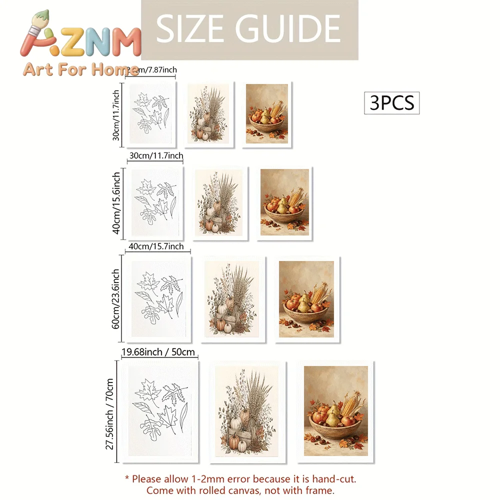 AZNM Frameless Canvas Wall Art, Autumn Harvest Print, Maple Leaf Line Art Pumpkin Wheat Fruit Bowl Painting Poster for Thanksgiv