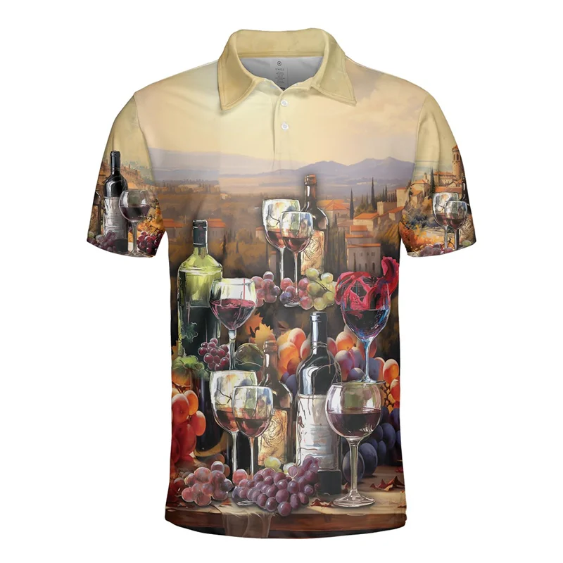 3D Printed Drinks Wine Polo Shirts For Men Drinking Grape Liquor Pattern Tees Casual Vacation Short Sleeve Button Women Tops