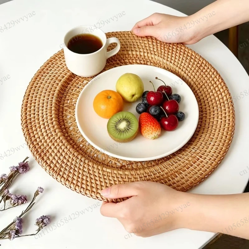 Nordic Handwoven Rattan Round Tray, Hollow Vintage Serving Tray, Multi-functional Snack Plate & Photo Prop