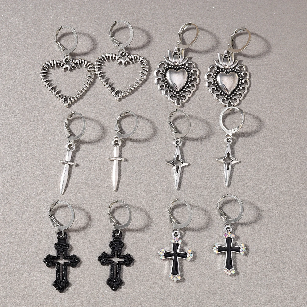 Aihua 12 stücke Mode Silber Farbe Herz Tropfen Ohrringe Set für Frauen Teenager Einfache Kreuz Anhänger Baumeln Ohrring Y2K Party schmuck – Detail 5