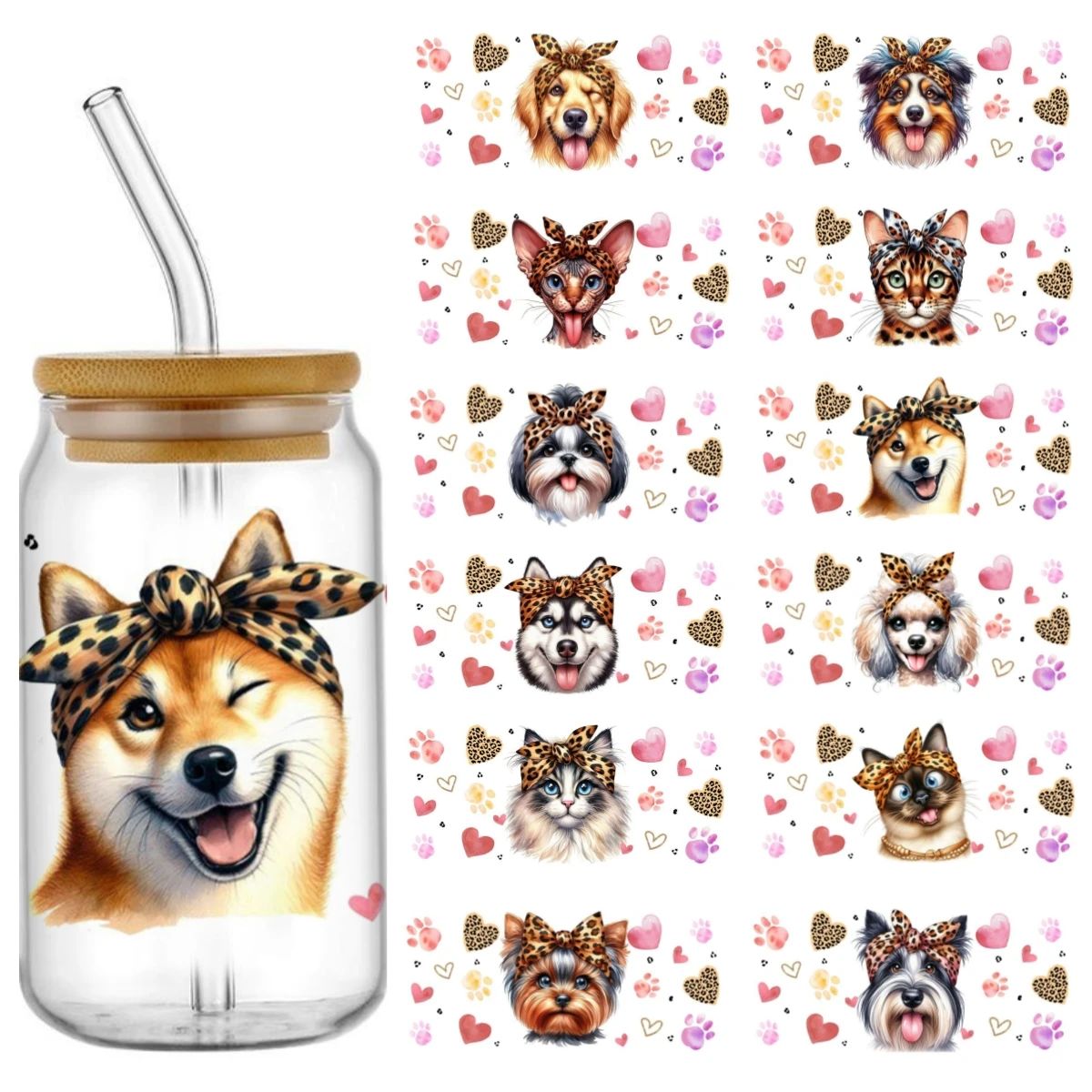 

Animal dog and cat pattern Libbey UV DTF Transfer Stickers For Glass Cup Mug Bottle DIY Waterproof Transfer Sticker DTF Cup Wrap