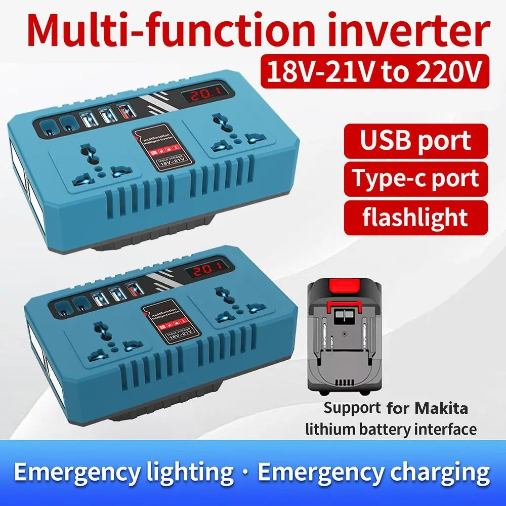With LED Work Light Battery Power Inverter DC 21V To AC 180V-220V Battery Inverter Adapter for Makita 18V Battery