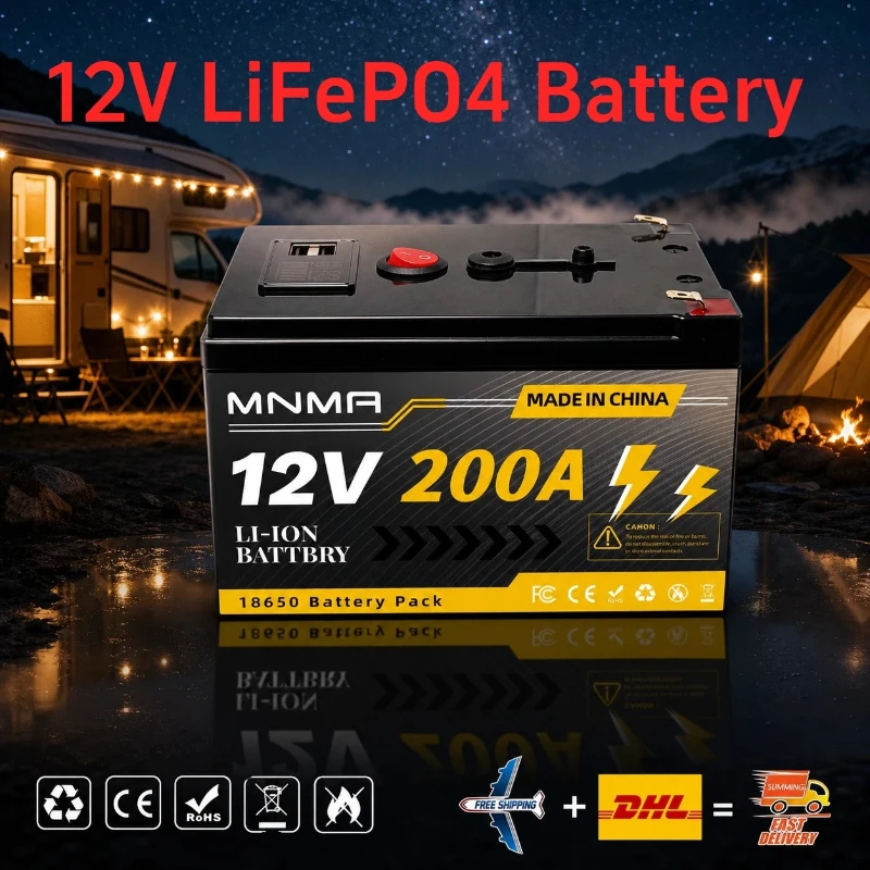 12V 200Ah LiFePO4 Rechargeable Battery, Built‑in BMS Deep Cycle Lithium Battery for Solar Panel, RV, Boat, Power Wheels,Scooters