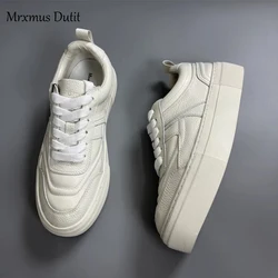 Mrxmus 2023 Women New Fashion Lacing Round Head Flat Thick Sole Sneaker Solid Versatile Casual Simple White Shoes Female Chic