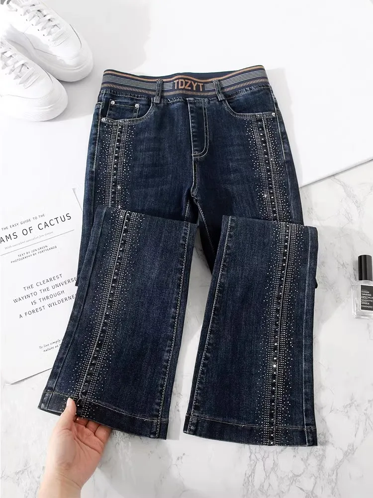 

Расклешенные джинсы с высокой талией, женские весенне-осенние новинки 2024, эластичные брюки длиной до пола, ботильоны, повседневные темно-синие джинсовые ботильоны