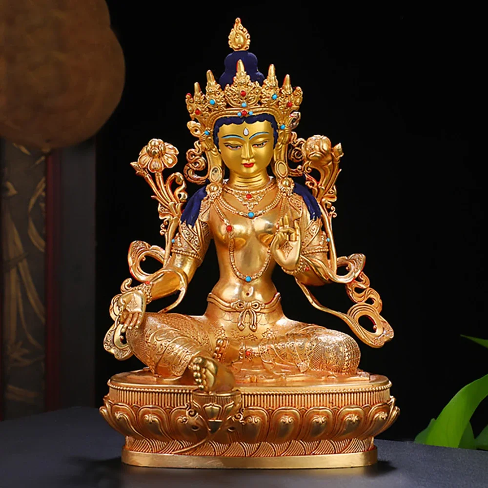 زخرفة تمثال بوذا تارا الأخضر المذهب بالنحاس، منحوتة أفالوكيتسفارا النحاسية، زخارف فنغ شوي الداخلية، ديكورات المنزل #1