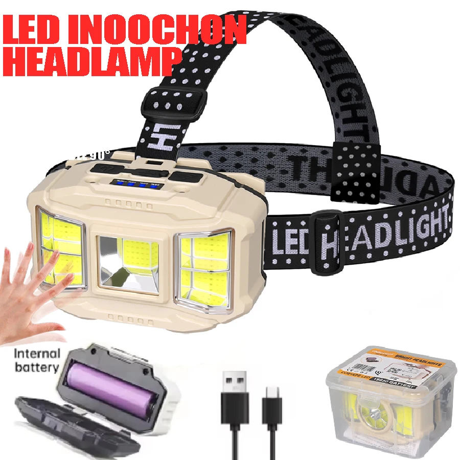 COB LED Induction Headlight 5 Lighting Modes USB Rechargeable Headlamp Adjustable 90° Torch Outdoor Camping Fishing Front Light