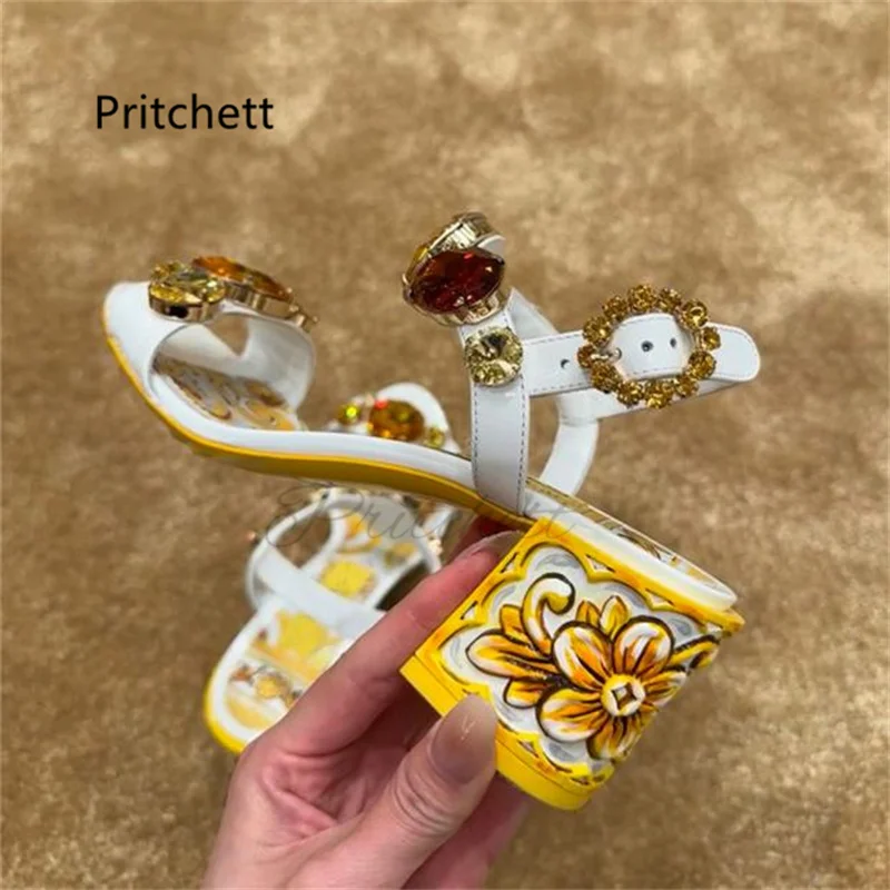 Bohemian Rhinestone Jewels Chunky Heels Sandals For Women Yellow Prints Buckle Strap 6/10Cm High Heels Beach Vacation Shoes