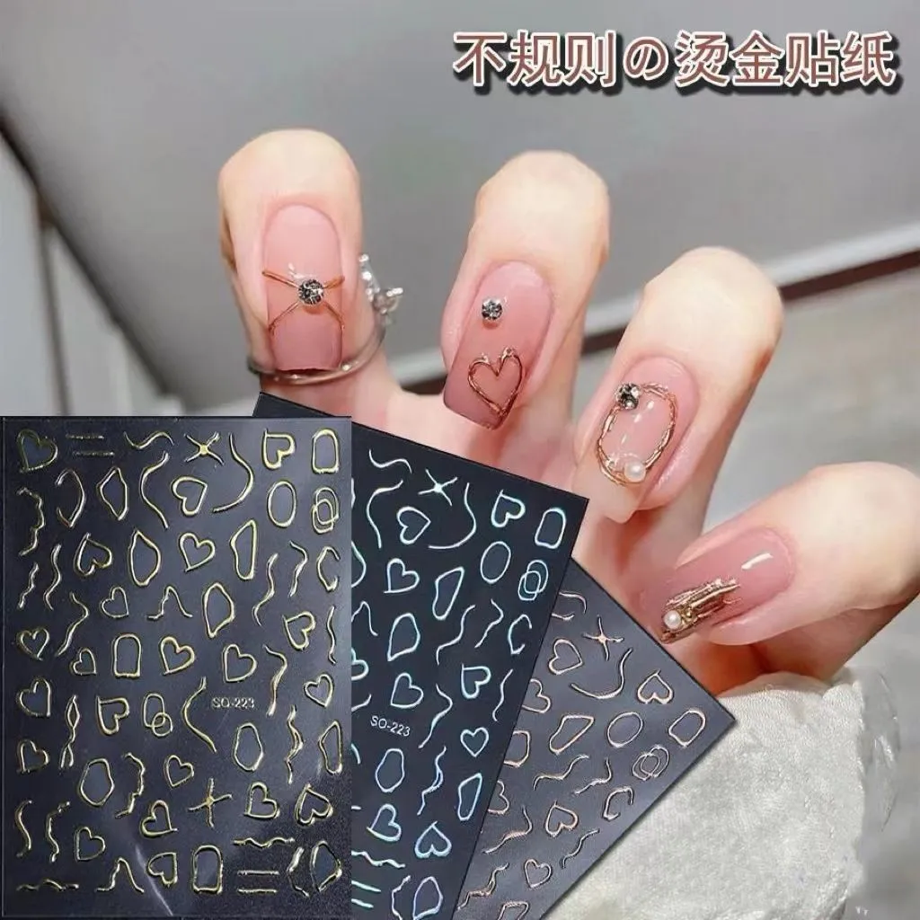 Viral Japanese Style Nail Art Stickers 3D Gold Foil Heart Hollow Circle Geometric Self Adhesive Decals for Nail DIY