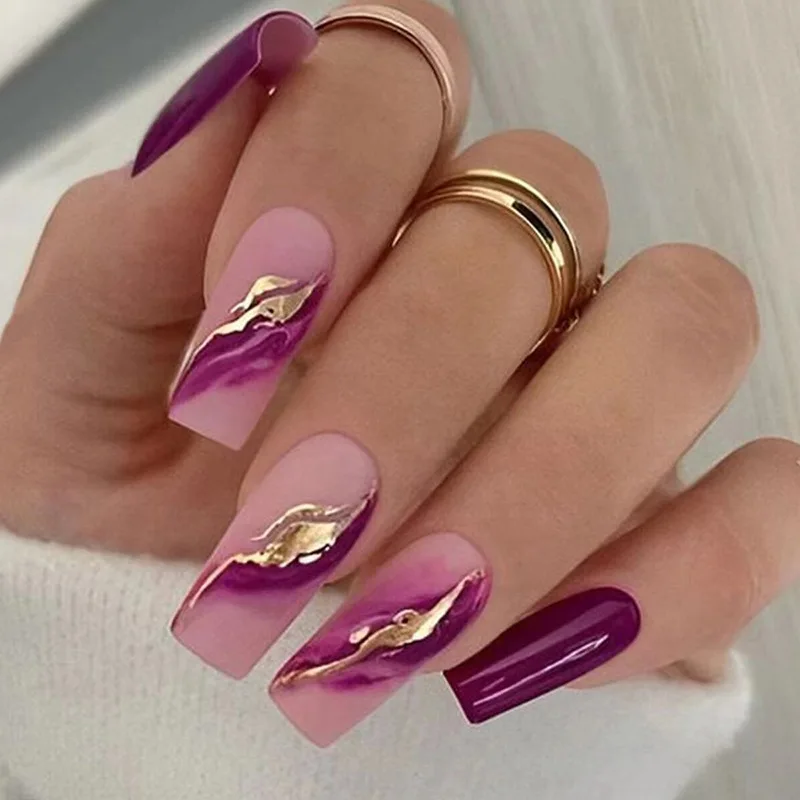 

24pcs Long Press on Nails Autumn New Nail Tips Purple Prosthetic Nail Set Fake Nail for Girls False Nails with Sticky Tabs 2026