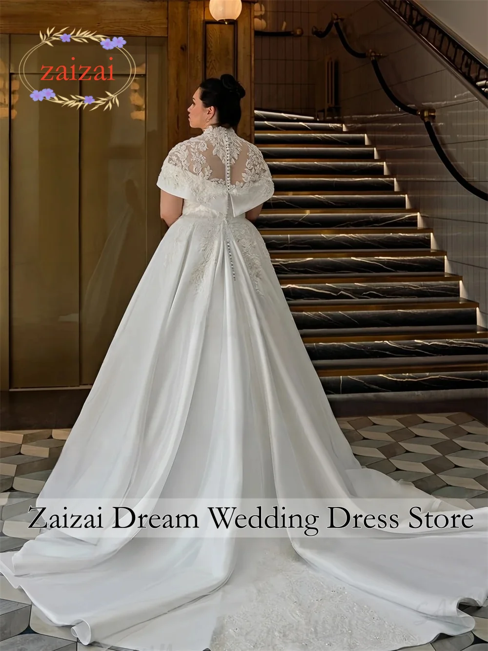 Customized Plus Size Lace A Line Wedding Dress with Jacket, Elegant Satin Long Train Bride Dresses, Button Closure Bridal Gown