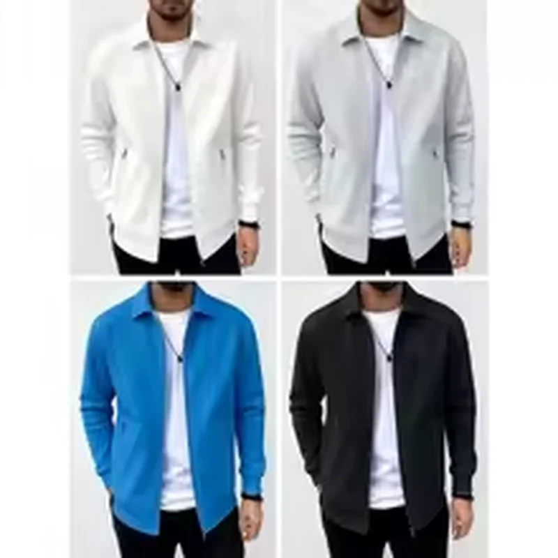 2027 Spring/Autumn Men Slim Fit Solid Lapel Waffle Pattern Cardigan, Casual Fashion Jacket With Zipper Pockets