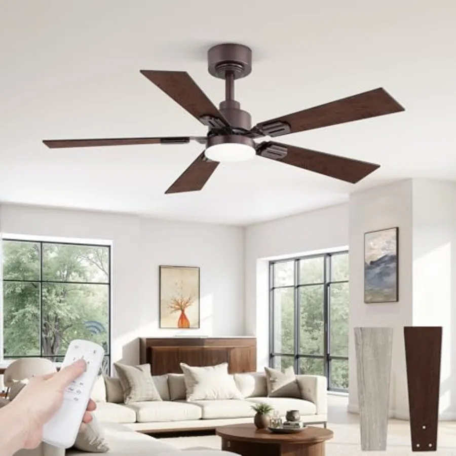 Bedroom ceiling fan with light and remote: oil bronze, modern low profile design, dimmable 3CCT LED, quiet DC motor, reversible