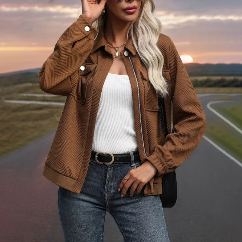 

Best Seller New Fashion Autumn Women's Solid Color Turn-down Collar Long Sleeve Elegant Casual Trendy Pocket Jacket Female Coats