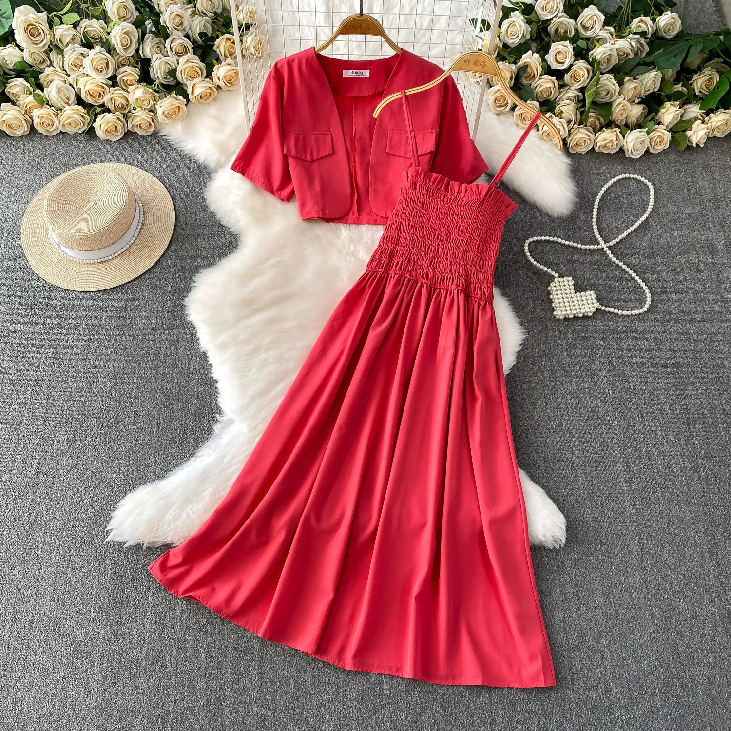 Elegant Black 2 Piece Dress Set Women Cropped Jacket and Smocked Waist Midi Dress Suits Summer Casual Office Lady Outfits