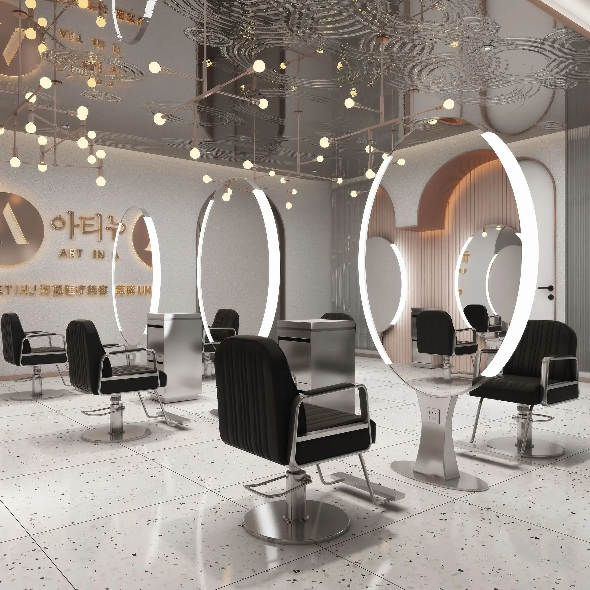 Special high definition stainless steel barber mirror with lamp single and double-sided mirror floor gold