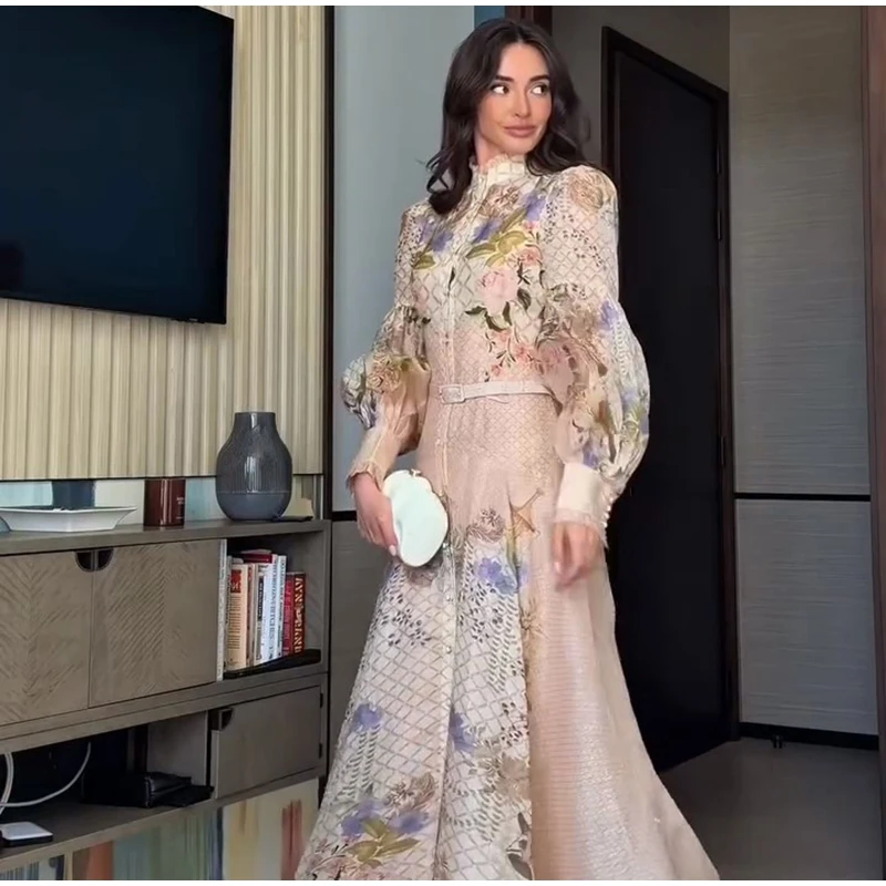 Elegant Floral Printed Women's Dress Stand Collar Full Puff Sleeve A-line Long Dresses 2026 Summer Vacation Party Lady Robes
