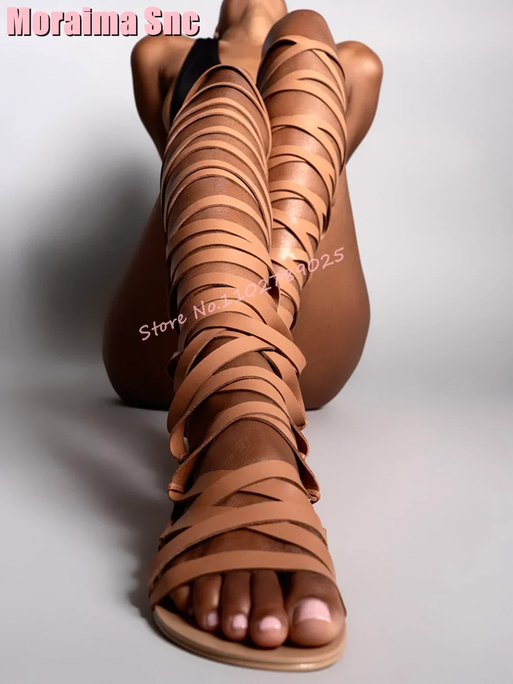 2024 Summer New Knee High Leather Sandal Boots Women Sexy Greek Flat Rear Thin Straps Xena Gladiator Zipper Straps Roman Strappy