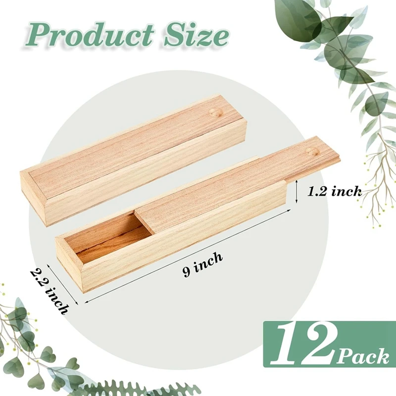 12Piece Unfinished Wood Box With Sliding Lid Small Wood Box Case Container Gift Jewelry Box 9 X 2.2 X 1.2 Inch