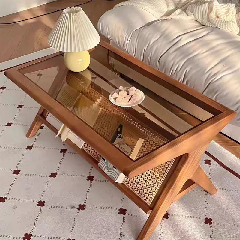 Solid wood rattan woven tea table, surprised by the quiet breeze, retro home rectangular tea table, simple and small living room