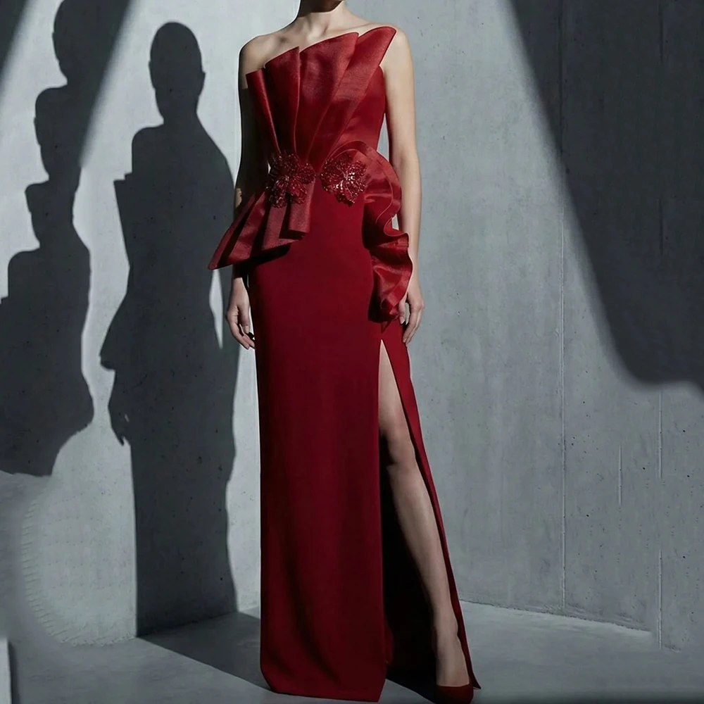 

Women's A-line Evening Dresses Floor-length Strapless Sleeveless Prom Gown Fashion Flowers Sequined Pleat Customized Gowns