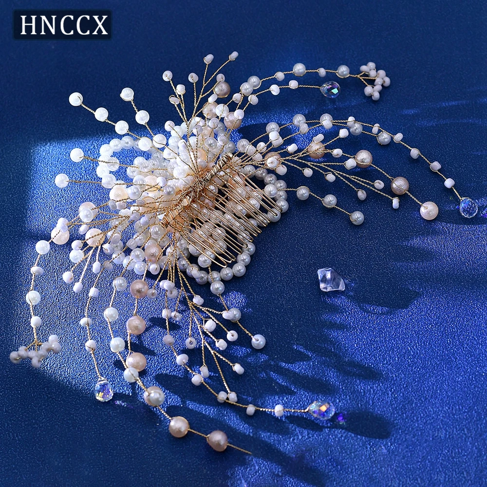 HNCCX Pink Pearl Gold Color Hair Combs Bridal Hair Accessoaries for Women Bride Pearl Crystal  Headpiece Bridesmaid Gift CP723