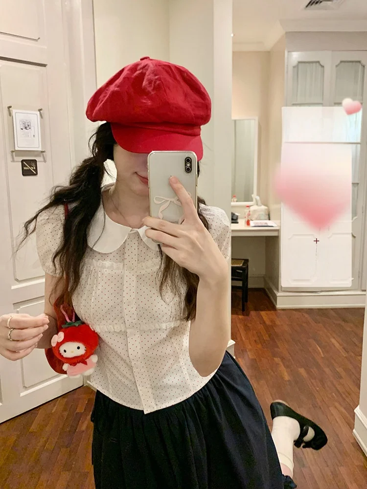 

Женская летняя блузка PtonUmi с красным горошком, воротником «Питер Пэн», короткими рукавами-фонариками, приталенная, из хлопка и полиэстера