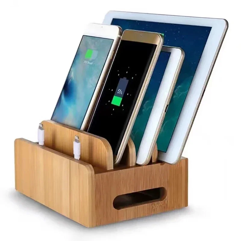 Bamboo Holder for Phones Stand for Phone Cords Charging Station Docks Organizer for Smart Phones and Tablets USB Charger