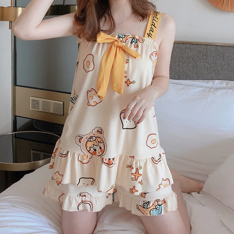 

Korean Cute Style Summer Sleepwear Set New Sling Shorts Pajama Women's Home Wear Clothes Print Set Loose Without Breast Pad