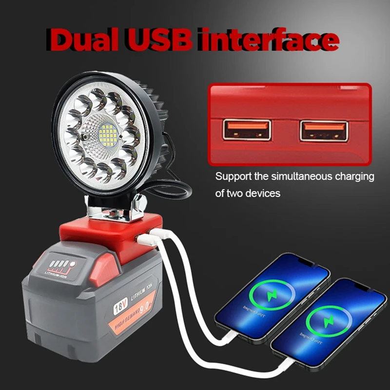 4Inch Car LED Work Light Flashlight Electric Torch Spotlight For Milwaukee M18 18V Li-Ion Battery USB Red Plastic 1 Piece