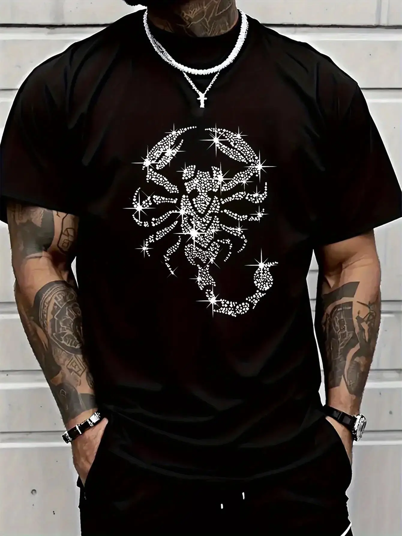 Men's Black Print T-Shirt - Breathable Round Neck Short Sleeve, Casual Streetwear with White Scorpion & Scorpion Tail Graphic, All-Season Comfort Fit for Everyday & Statement Outfits - Birthday/Holiday Gift for Men (Scorpio Zodiac Design), Halloween