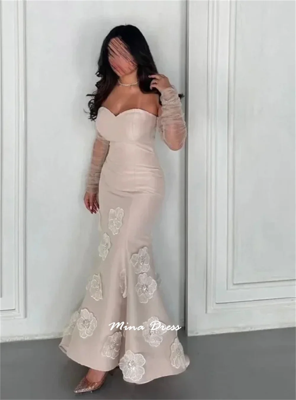 Mina 맞춤형 백리스 아랍어 이브닝 드레스 럭셔리 파티 드레스 Piglet Breast Sequin Flowers 2025 특별 행사를위한 드레스