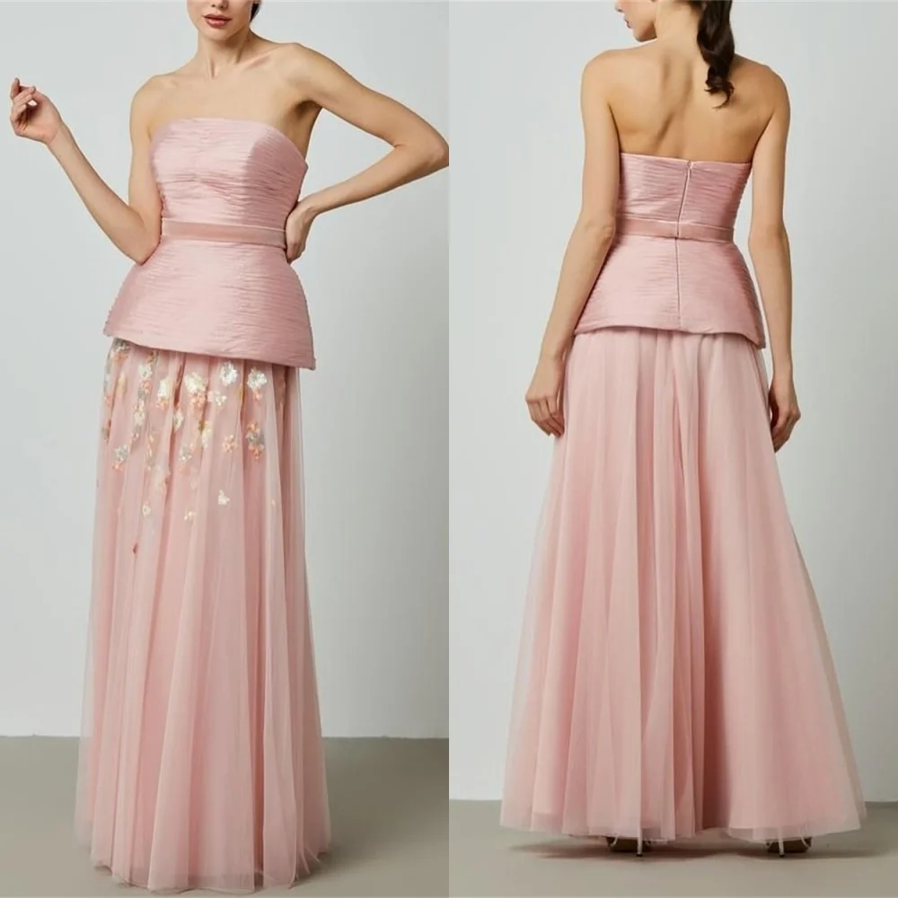 فستان جيرسي وردي مخصص لحفلات العودة للوطن أنيق بدون حمالات وحزام (زنانير) متدرج مزين بسحاب خلفي مخصص للحفلات D #2