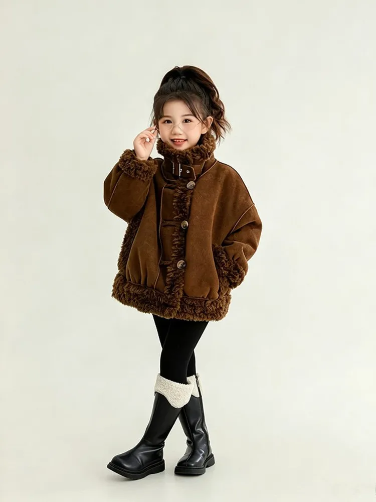 Mädchen Stehkragen Shearling-Mantel 2025 Neue Kinder-Kombinations-Lammwoll-Wildleder-Kurz-Motorradjacke Winter Warme Kinder-Oberbekleidung – Detail 4
