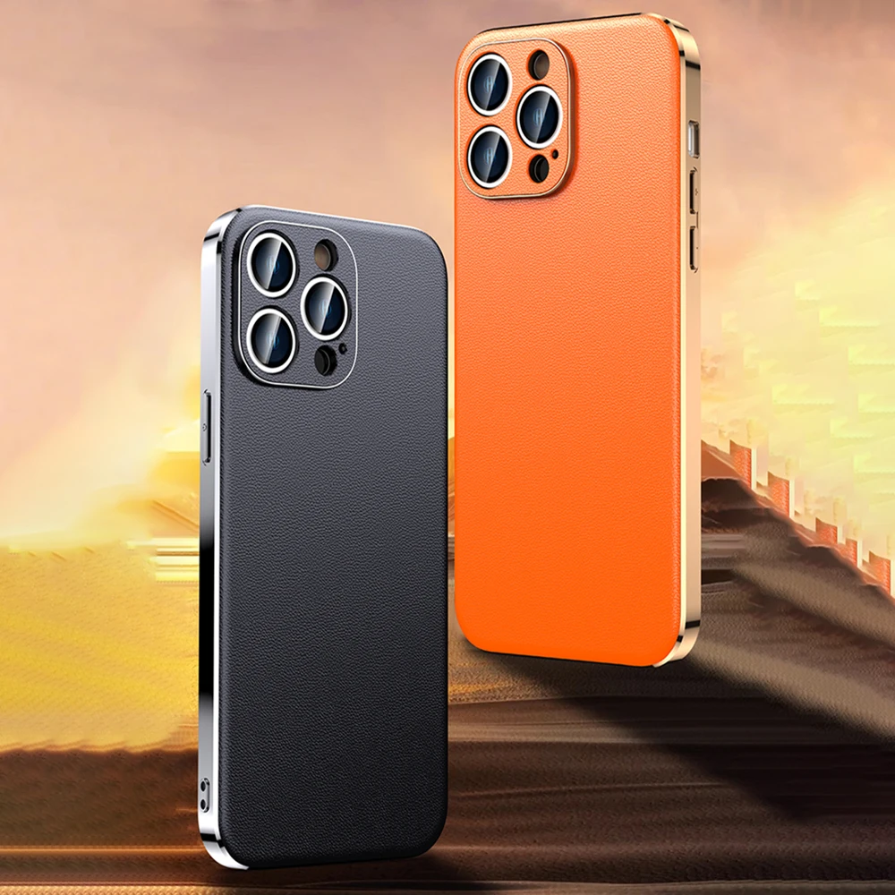 LANGSIDI Luksusowe, ultracienkie, odporne na wstrząsy skórzane etui na iPhone 17 16 Pro Max 15 Plus 14 13 12 11 z osłoną ochronną na obiektyw. — zdjęcie produktu 3